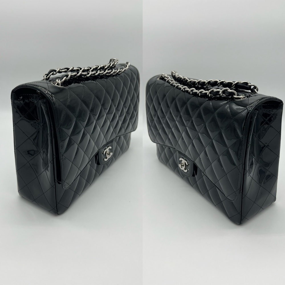 Authentic Chanel Classic Glossy shimmery black Patent leather Maxi single flap - Picture 9 of 17